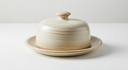 Elegant swirl patterned ceramic butter dish gently rests on a simple base.. AI Generated