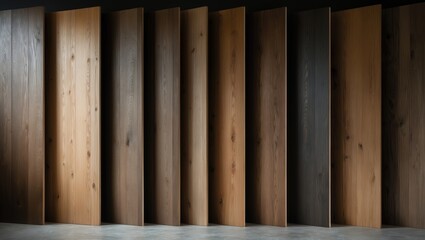 Samples of wood panels with brown stains arranged neatly.