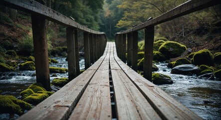 Obraz premium Wooden footbridge planks spanning a stream with mossy rocks below