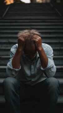 Despair on the Steps: A lone figure, head in hands, sits dejectedly on a staircase, the somber atmosphere hinting at feelings of deep sorrow, reflection, and emotional vulnerability.