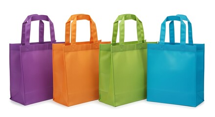 Vibrant reusable shopping bags stand brightly lit against a pure white background. AI Generated