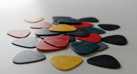 Colorful guitar picks scattered softly lit background. AI Generated