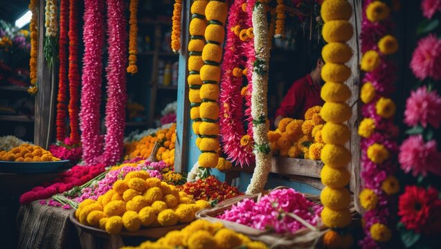 Fresh flower garlands for sale at the market.