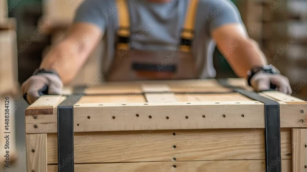 Poster warehouse worker pushing wooden crate on assembly line