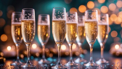 Champagne glasses filled with numerous visible bubbles on a table with a blurred backdrop.
