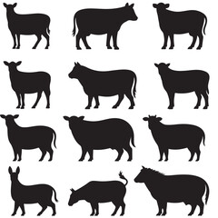 Farm Animal Silhouettes Collection Black and White, Cattle Cows Goats and Bulls Farm Animals