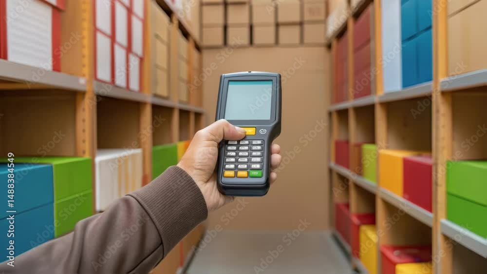 Poster warehouse worker scanning packages with barcode scanner