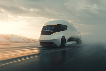 Fototapeta premium Futuristic truck with snowy road, and sunset.