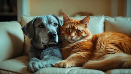 The companionship of a red cat and a grey dog. Friendship among pets. Life with various domestic animals in a flat. Living together across species.