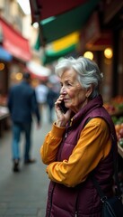 Obraz premium Elderly woman in a bustling market talking on cellphone, outdoor, communication, phone