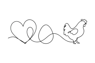 Continuous line drawing of a chicken egg and heart illustrating easter and love