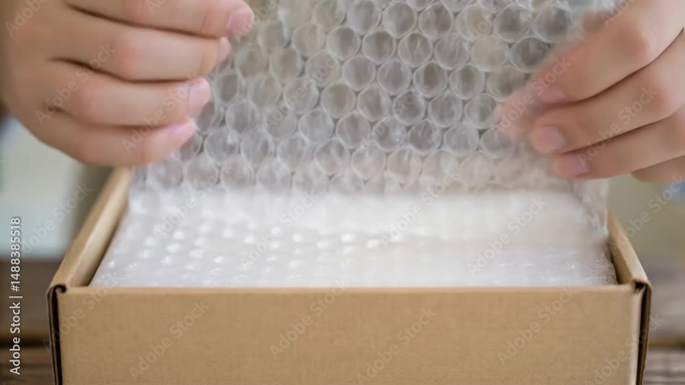 Poster Warehouse worker packing box with bubble wrap for shipping