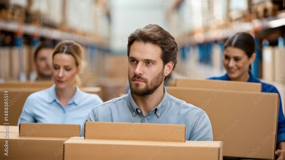 Poster warehouse workers carrying cardboard boxes in distribution center