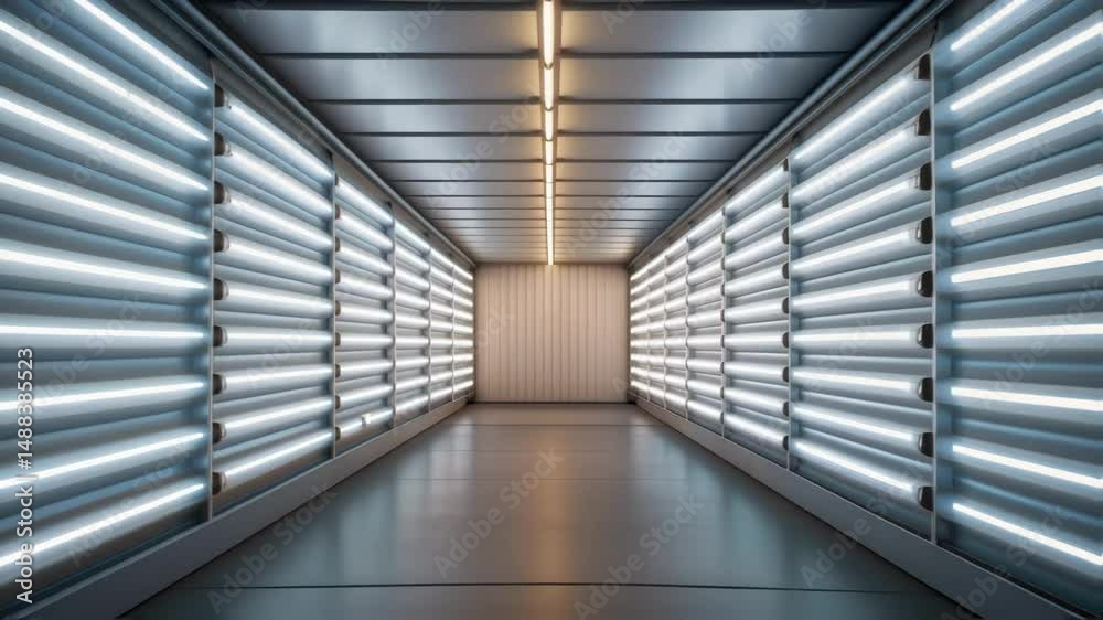 Poster neon lights turning on and off in modern empty corridor