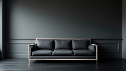 Shades of gray and black in the living area. vacant interior of a dim room. minimalist decor. Graphite sofa with beige herringbone detailing.