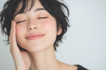 Young woman enjoying a moment of tranquility in a minimalistic indoor setting in Japan