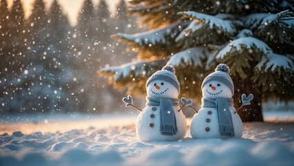 Obraz premium Card for Christmas and New Year depicting snowmen alongside a tree blanketed in snow during a storm