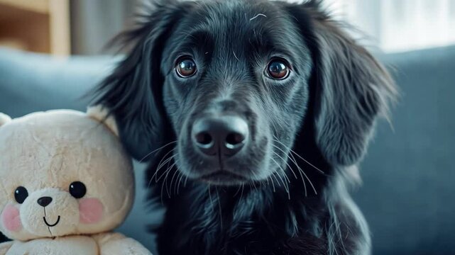 Loyal Companion's Gaze: A black puppy, full of innocence, shares a tender moment with its soft companion, revealing the depth of affection and the unbreakable bond between the pet and its toy.