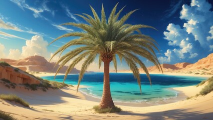Obraz premium Oasis in the Desert Sea with Palm Trees. Fantasy Setting. Conceptual Artwork. Realistic Image. Background. Digital Illustration. CG Art. Scenic Artwork. Serious Illustration. Photograph.
