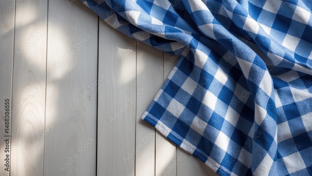 Poster white wooden table seen from above, adorned with a tablecloth. clear tablecloth for product placemen