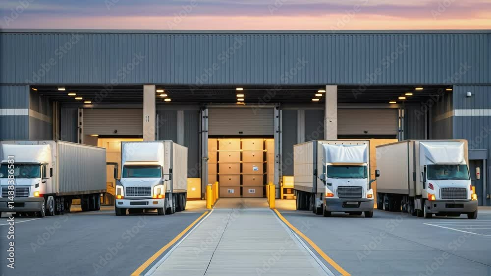 Poster white trucks slowly approaching loading docks of distribution warehouse at dusk