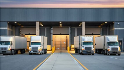 White trucks slowly approaching loading docks of distribution warehouse at dusk - Powered by Adobe