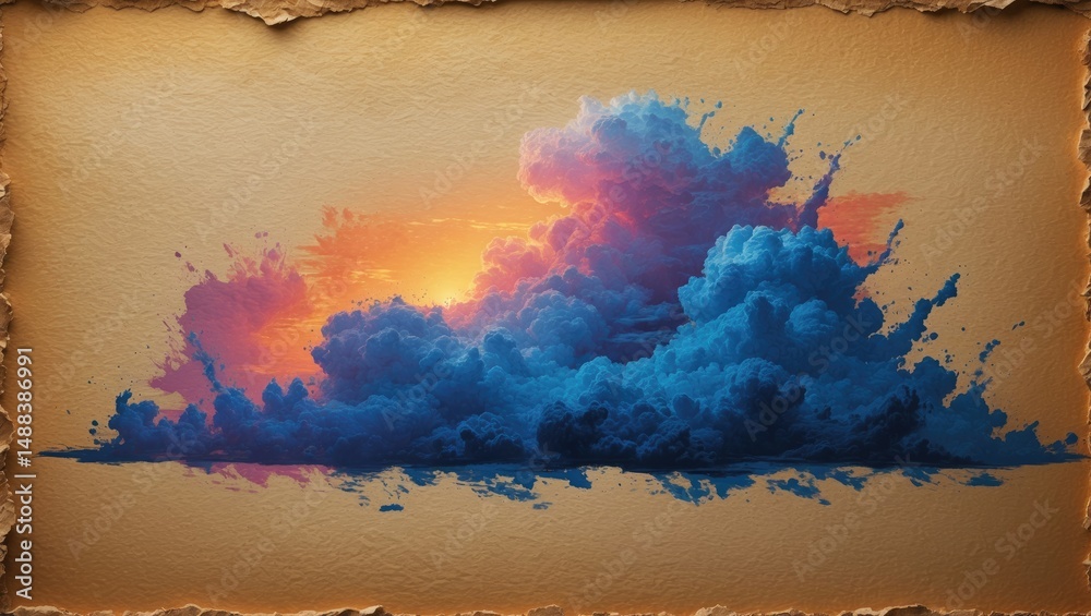 Poster paper texture backdrop featuring a stunning dawn or sunset with a rough, textured blue cloud pattern