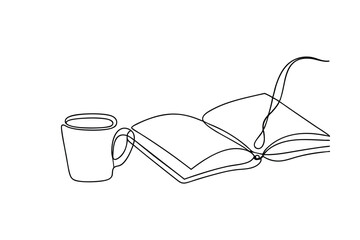 Minimalist continuous line art depicting a coffee cup alongside an open book for reading