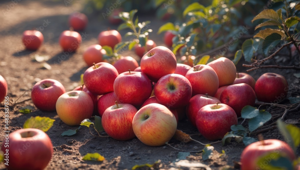 Poster Fallen overripe fruits are deemed unfit and designated for processing. Red apples in ripe condition on the ground.