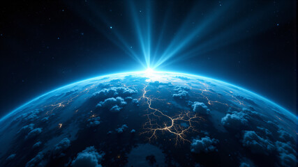 Fototapeta premium Earth from Space with Sunrise and Lightning