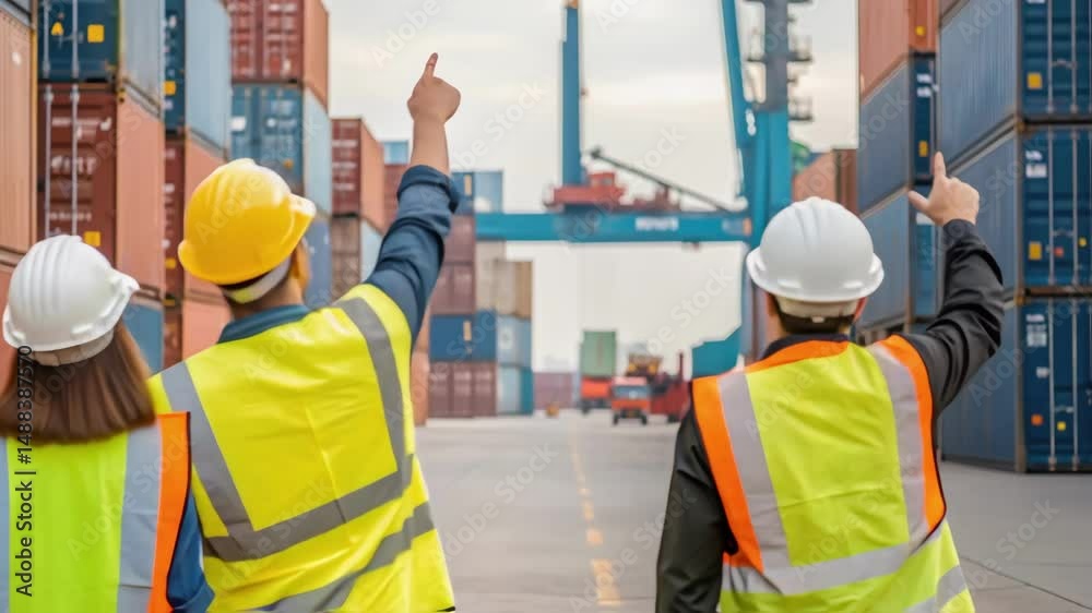 Poster engineers pointing at shipping containers in logistics hub