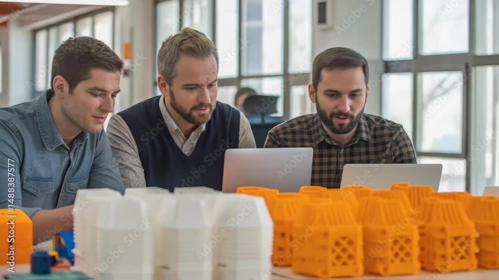 Poster engineers analyzing 3d printed prototypes on laptop in modern office
