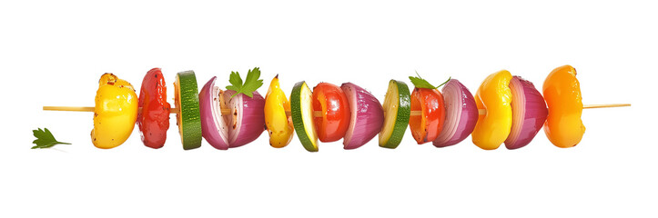 Colorful grilled vegetable and meat skewers on white background


