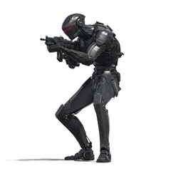 Black Robotic Soldier Aiming Rifle - Futuristic Military Cyborg