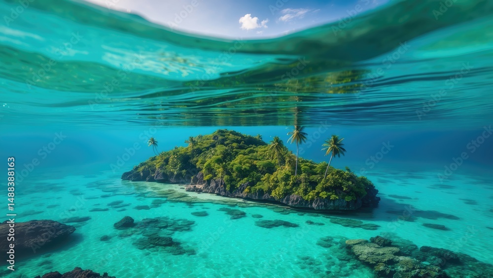 Poster gorgeous aquatic scene of an isolated small island both above and below the surface in turquoise wat