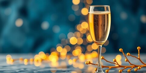 Elegant champagne flute, yellow bokeh, gold streamers, blue marble, gold branch, rich, sparkle