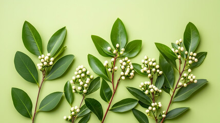 Green leaves and white berries arranged on pastel green background; nature, spring, botanical, flatlay, design