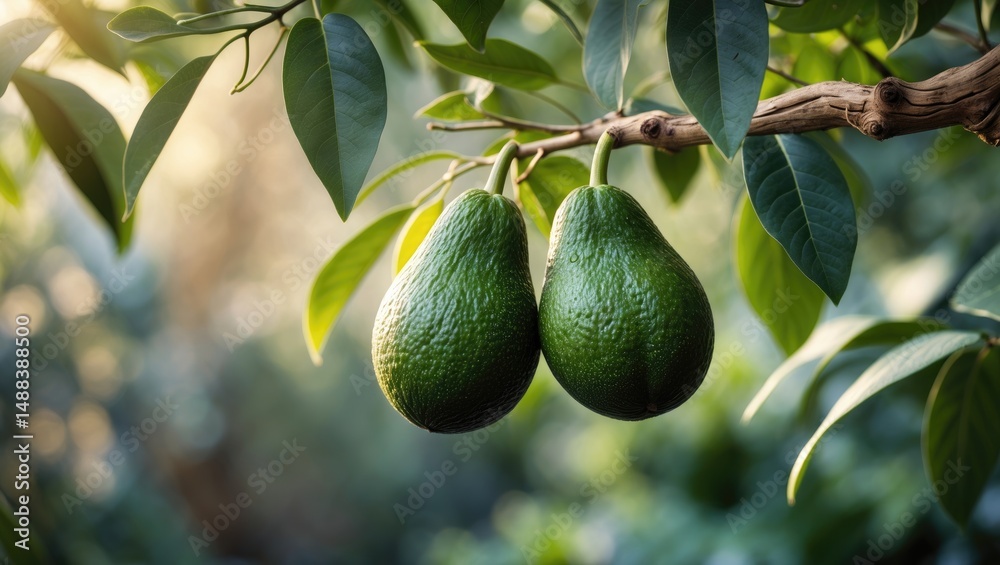 Poster batch of fresh avocados aging on a branch