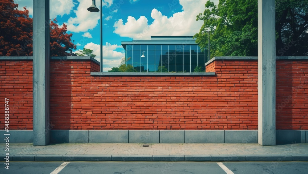 Poster brick wall encased by concrete columns under a cloudy sky, featuring a street lamp and a modern buil
