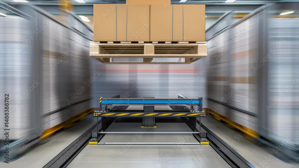 Poster robotic arm moving cardboard boxes on a pallet in a warehouse