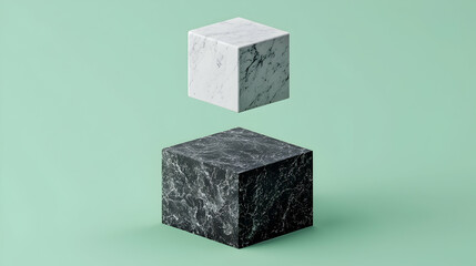 Two marble cubes, one white and one dark, hover against a pastel green background; perfect for minimalist design