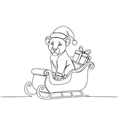 Lion cub sitting in Santa sleigh with gifts, line drawing on a transparent background  