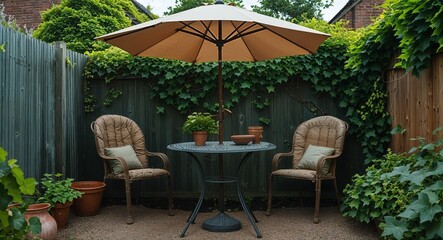 Fototapeta premium Garden table umbrella open above chairs with ivy on the fence