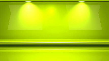 Lime green studio background; spotlights illuminate empty display; perfect for product showcasing