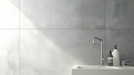 Modern bathroom sink with concrete wall, sunlight, and toiletries.  Ideal for home decor websites