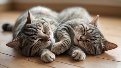 Two cats lying on the floor and snuggling