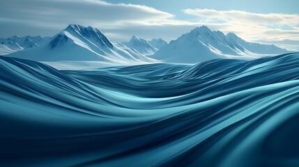Snowy mountains, flowing glacial valley, winter landscape, serene backdrop for travel brochure