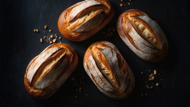 Bakery items with crispy, attractive bread on dark background captured from a top view