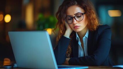 Businesswoman facing burnout while working long hours on a laptop device