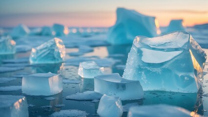 Blue ice floe with ice hummocks during sunset, showcasing winter nature